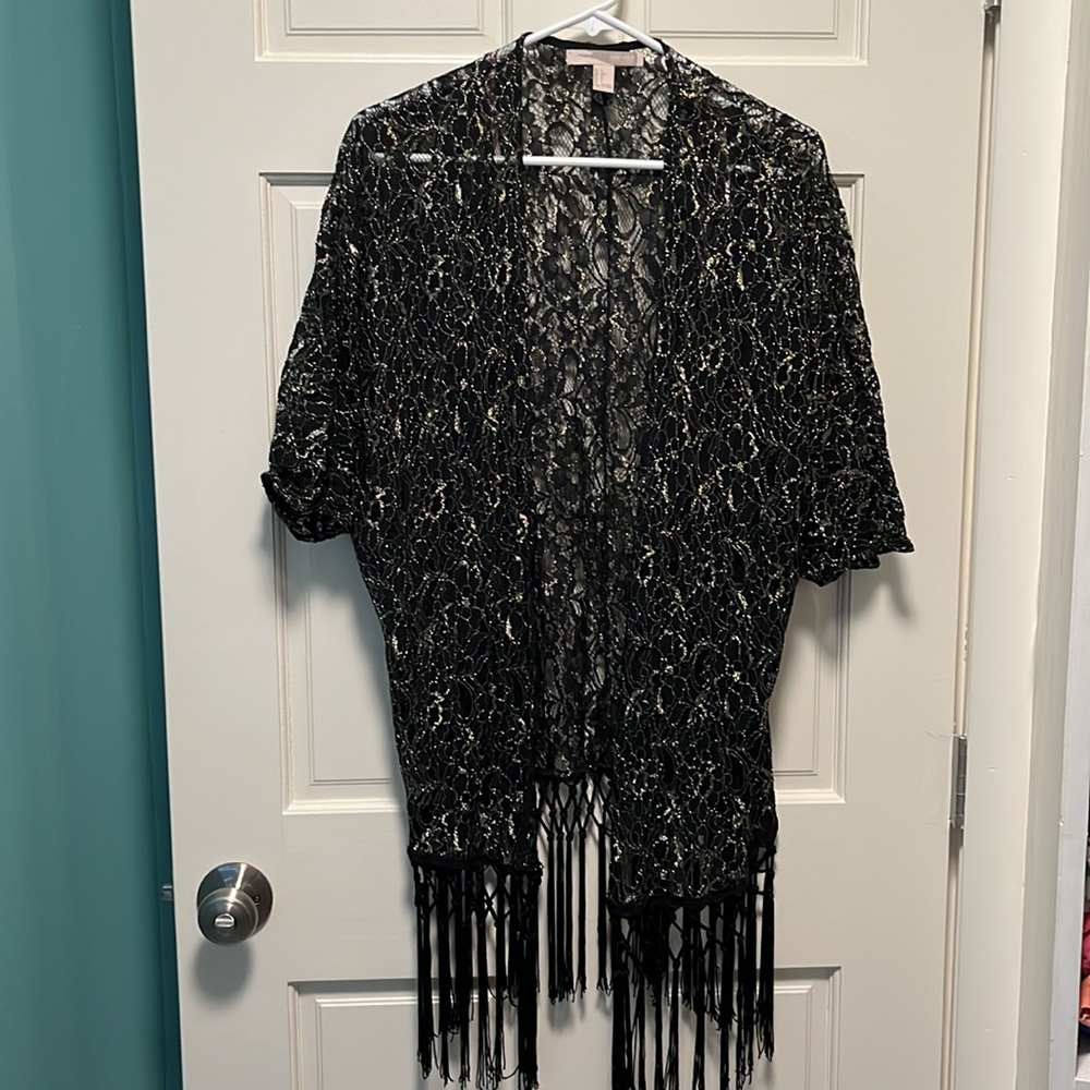 Black and Gold Floral Kimono with Fringe